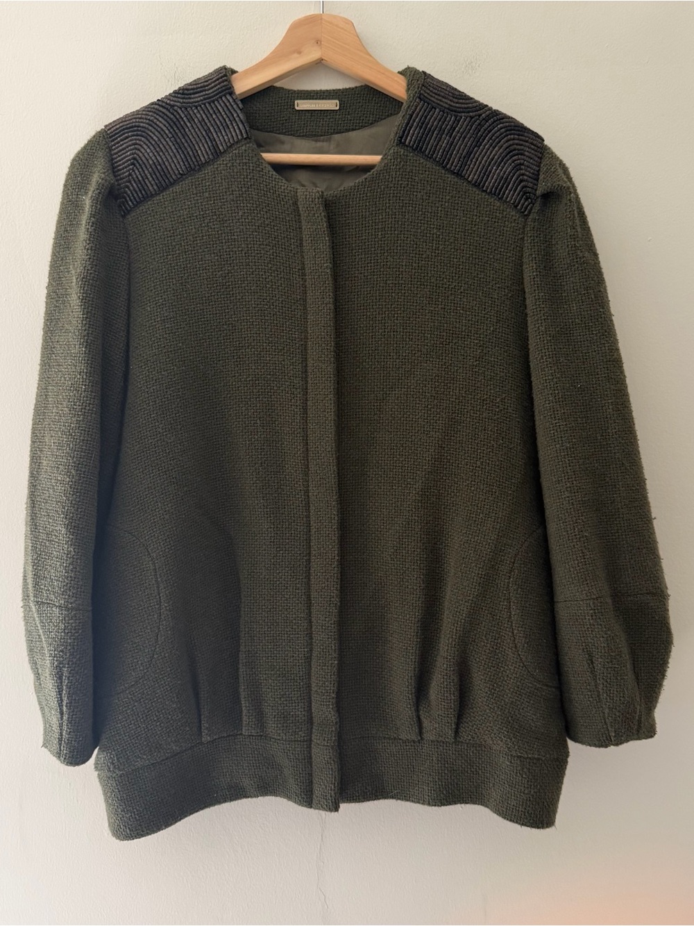 Loeffler Randall Wool Jacket Beaded Puff Sleeves Green Size 4 Quiet Luxury